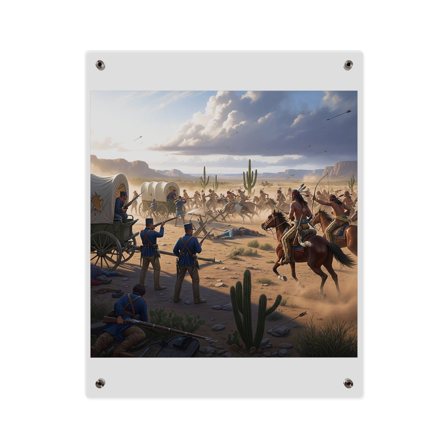 Acrylic Wall Art Panel - Apache Indians attacking a US Army defending a wagon train