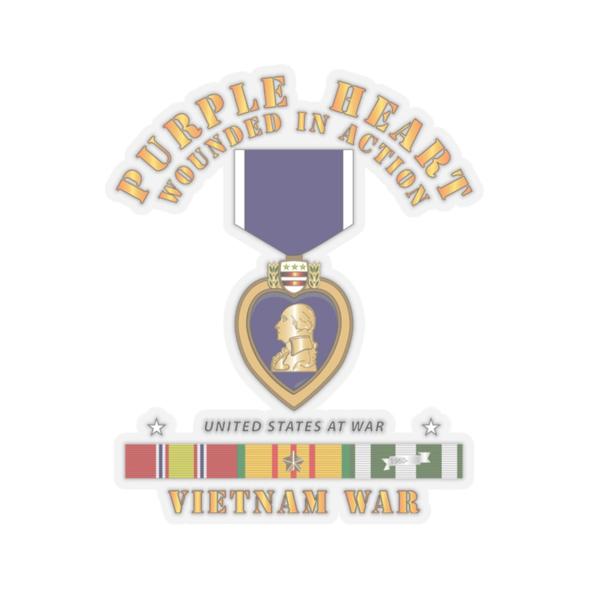 Kiss-Cut Stickers - Purple Heart - Wounded In Action w Vietnam Service Ribbons