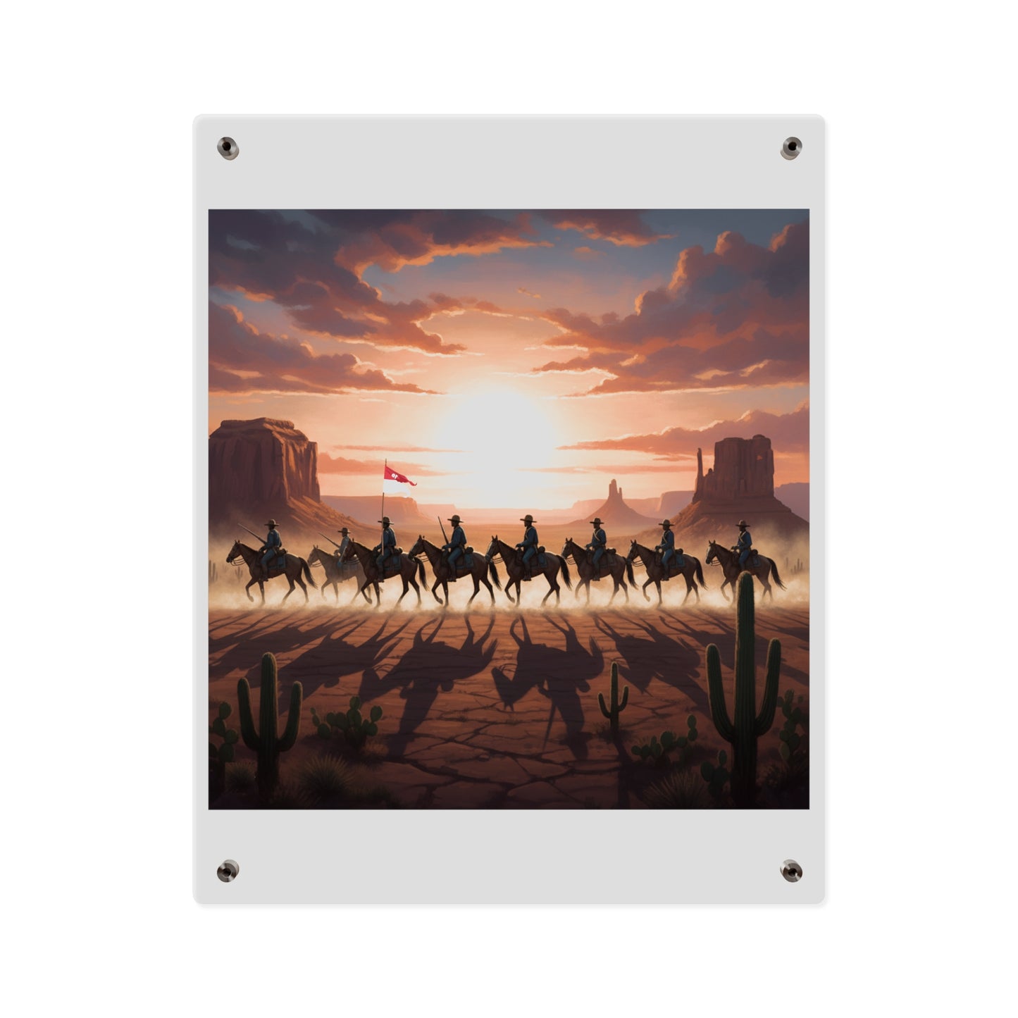 Acrylic Wall Art Panel - 10th Cavalry on Patrol in the sunset w 10th Cav Guidon
