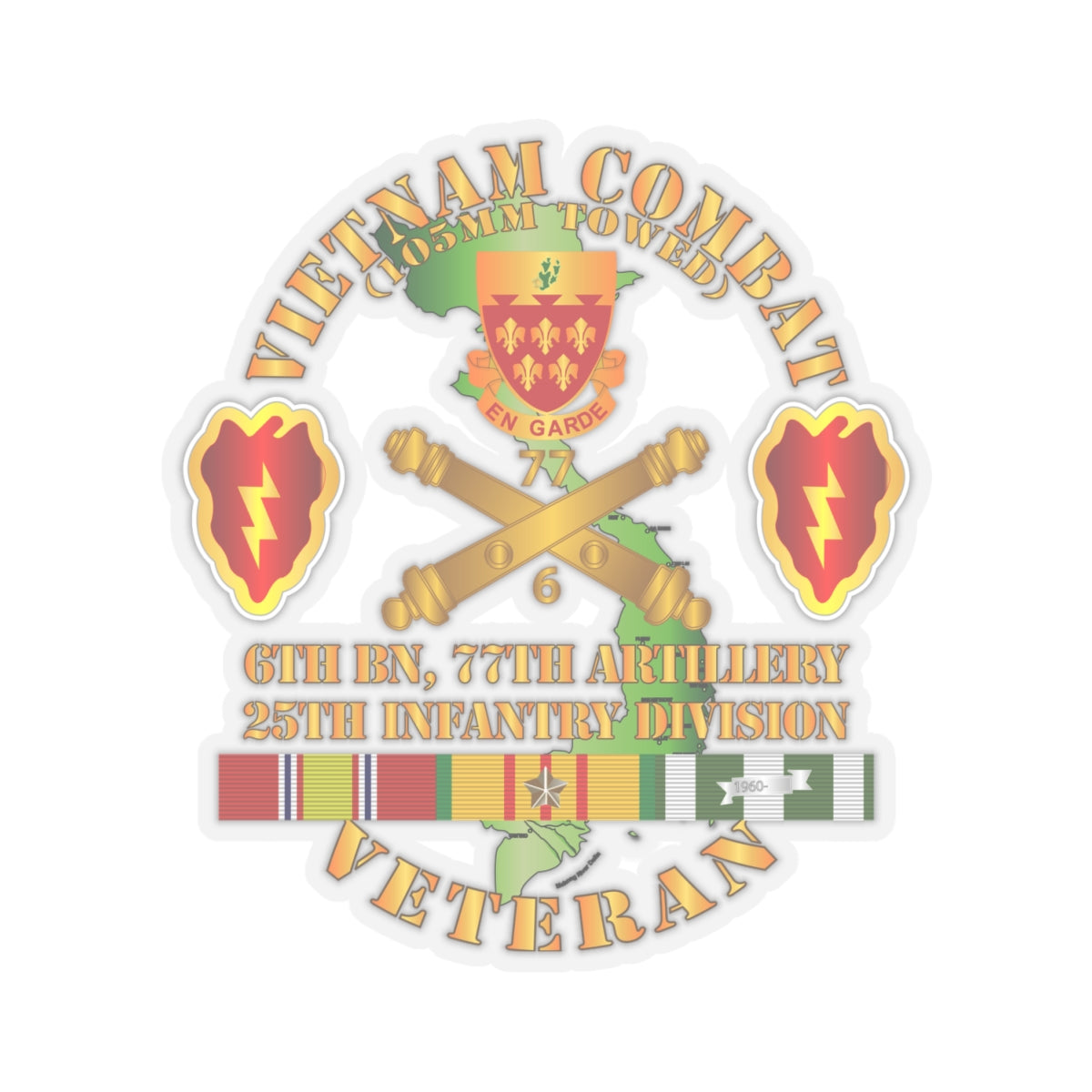 Kiss-Cut Stickers - Vietnam Combat Veteran w 6th Bn 77th Artillery DUI -25th Infantry Div