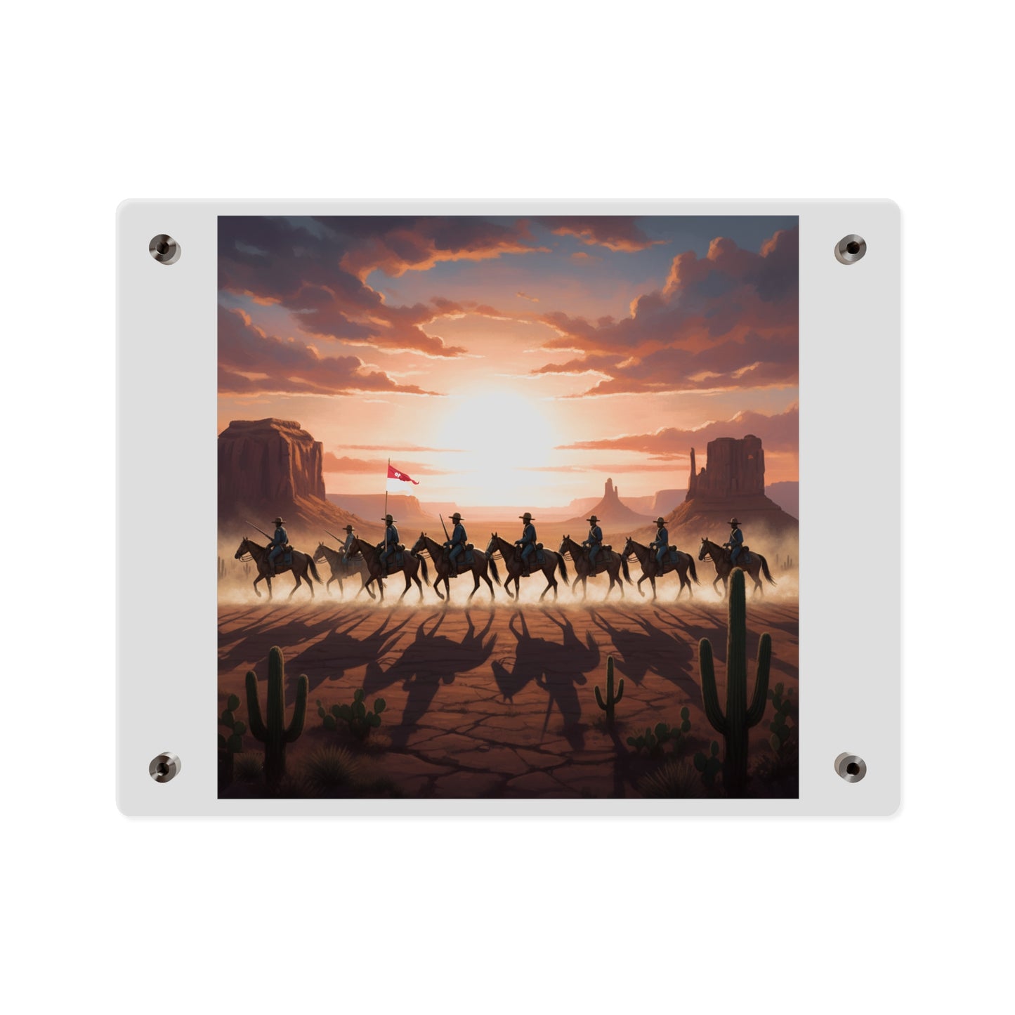 Acrylic Wall Art Panel - 10th Cavalry on Patrol in the sunset w 10th Cav Guidon