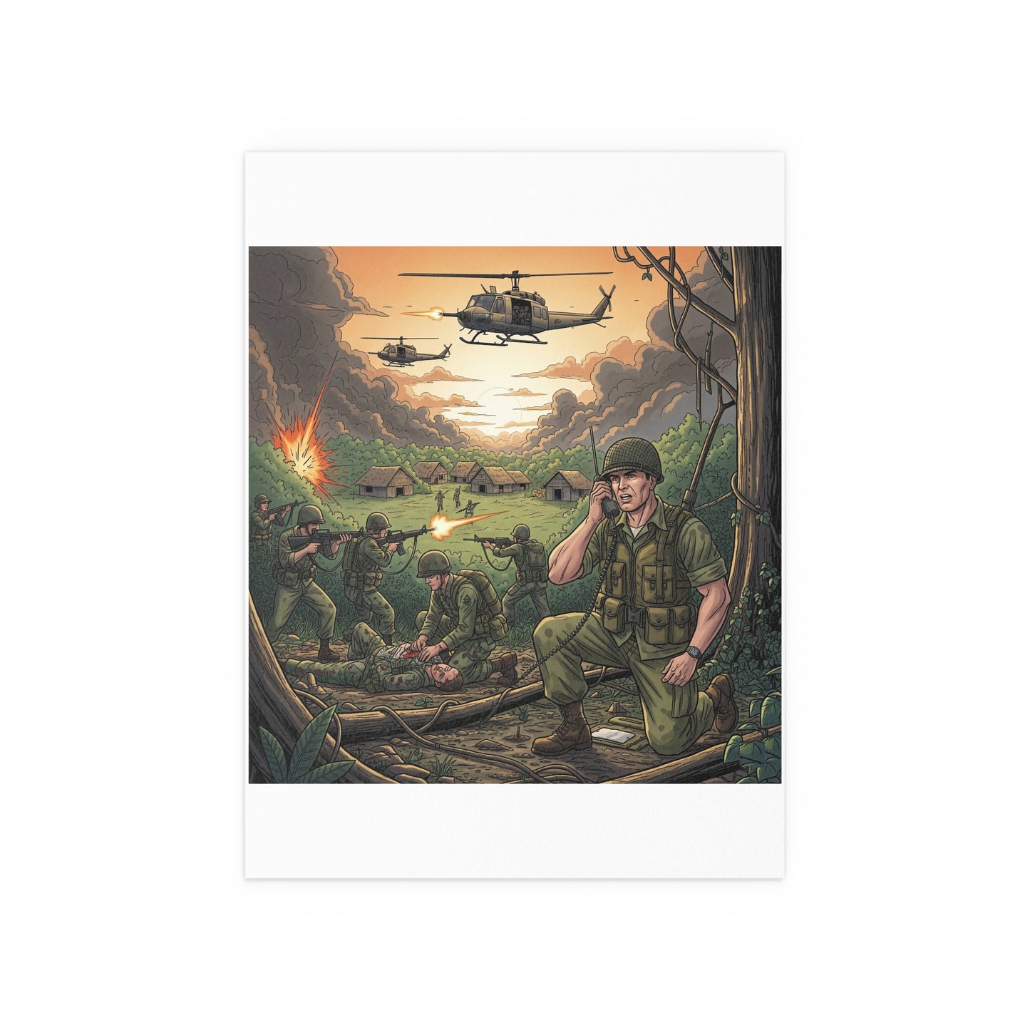 Indoor and Outdoor Silk Posters - Vietnam Patrol Fire Fight Requesting Medevac
