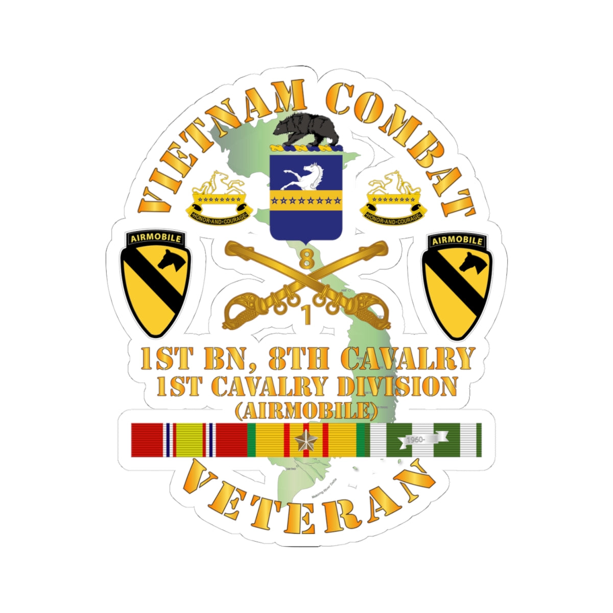 Kiss-Cut Stickers - Vietnam Combat Cavalry Veteran w 1st Bn - 8th Cav COA - 1st Cav Div X 300