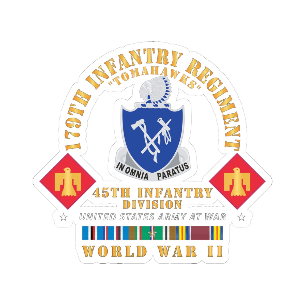 Kiss-Cut Stickers - 179th Infantry Regiment - Tomahawks - DUI - 45th ID - WWII w EUR SVC X 300