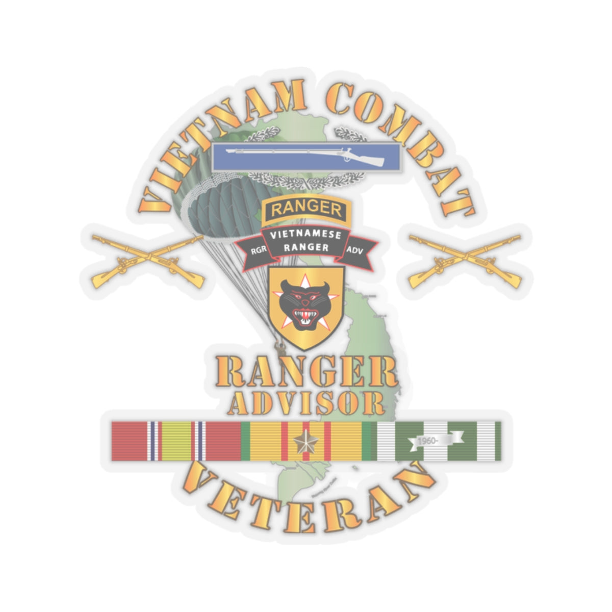 Kiss-Cut Stickers - Vietnam Combat Infantry Vet w Vietnamese Ranger Advisor w Parachute X 300