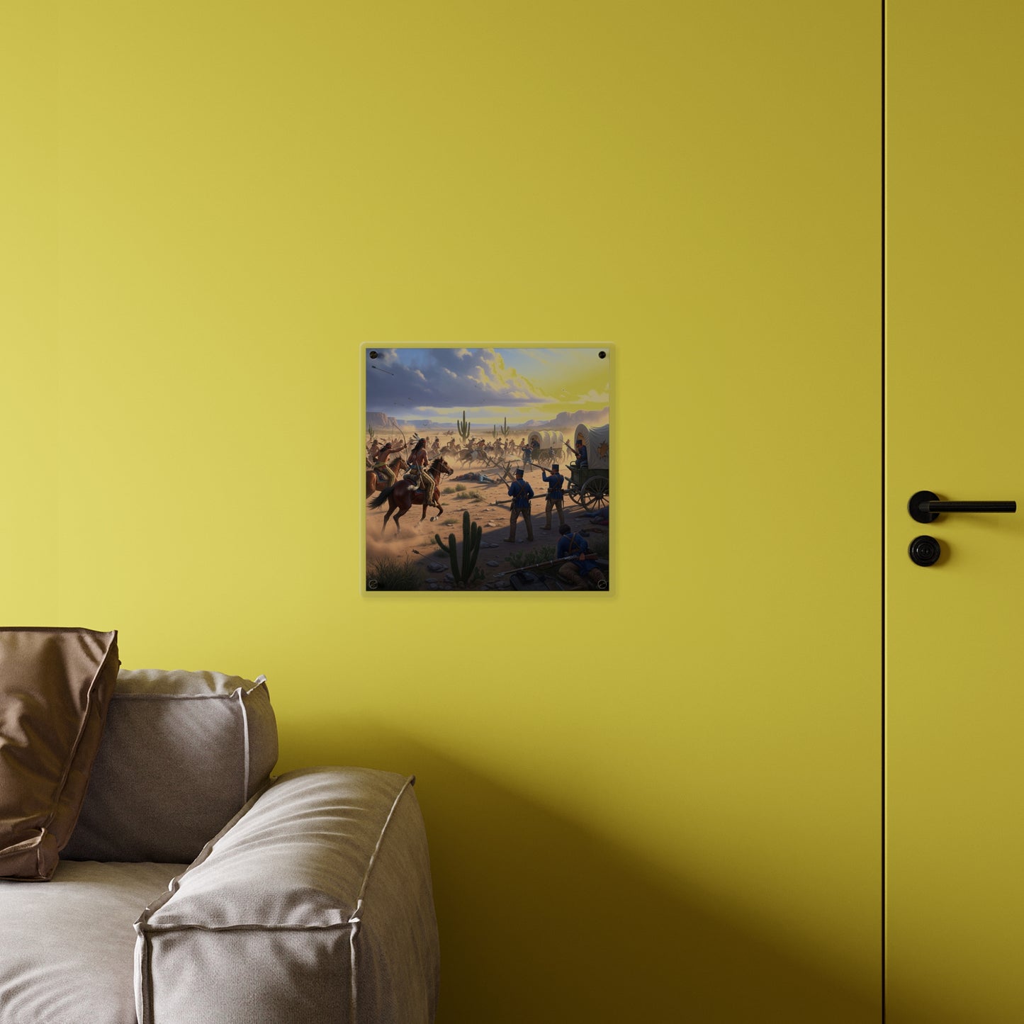 Acrylic Wall Art Panel - Apache Indians attacking a US Army defending a wagon train