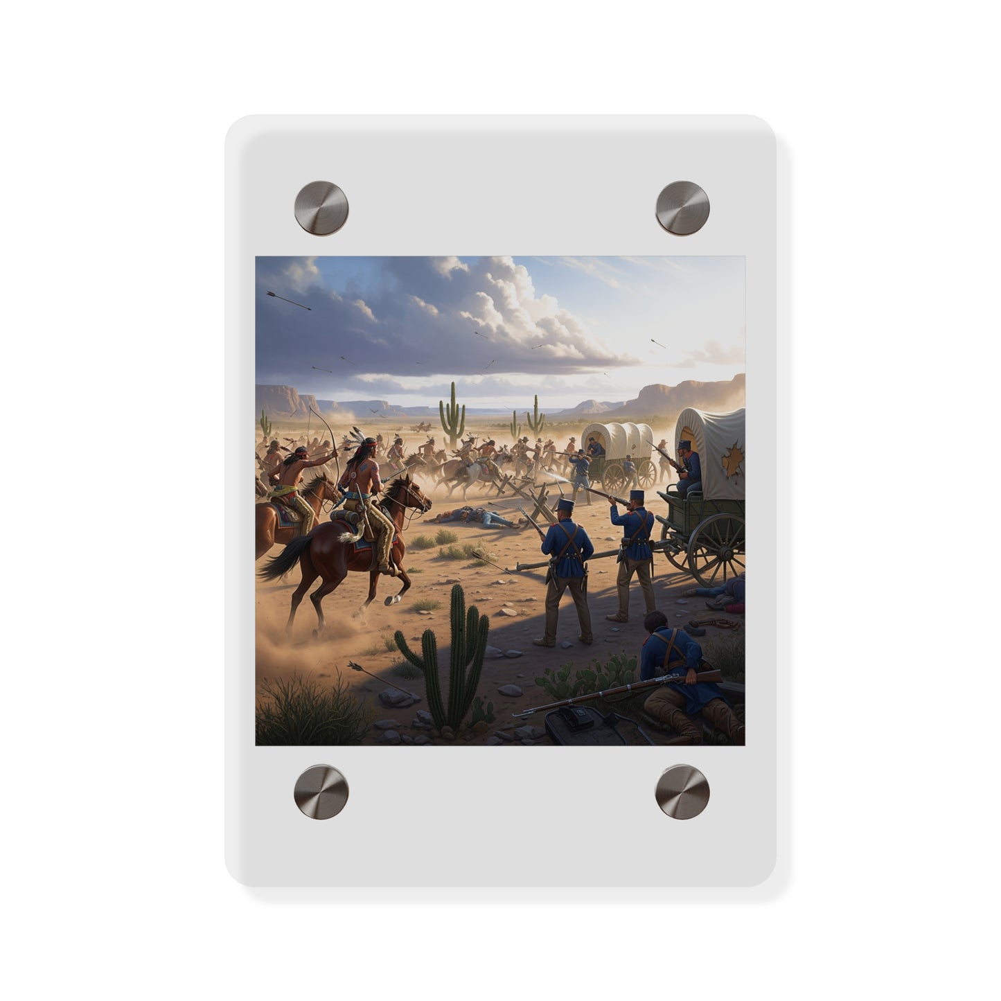 Acrylic Wall Art Panel - Apache Indians attacking a US Army defending a wagon train