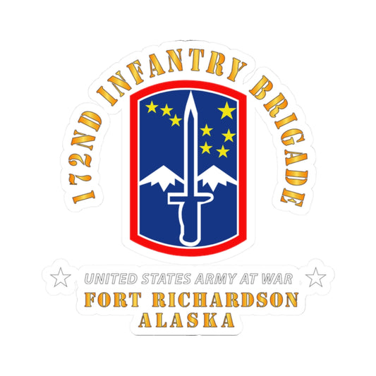 A sticker with a coat of arms representing the 172nd Infantry Brigade, with red, white, and blue colors and a sword emblem, indicating Fort Richardson, Alaska.