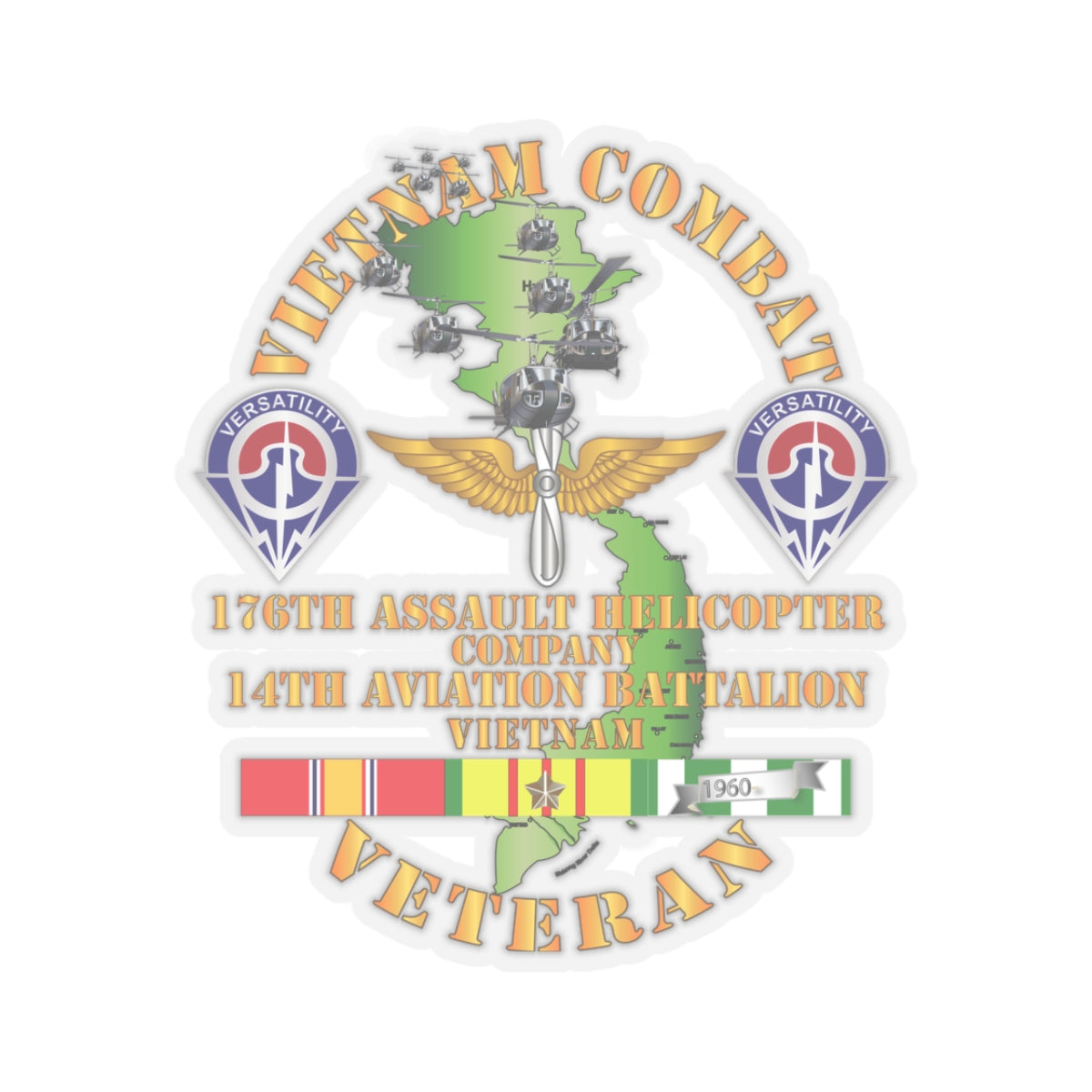 Kiss-Cut Stickers - Vietnam Combat Veteran - 176th AHC w 14th Avn Bn - 1