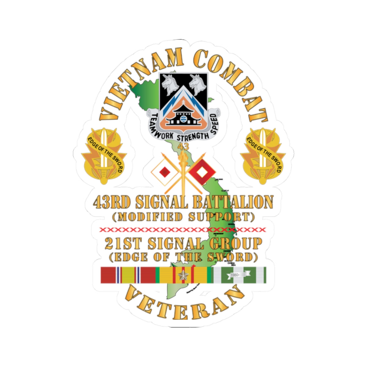 Kiss-Cut Stickers - Vietnam Combat Veteran - 43rd Signal Bn, 21st Signal Group DUI w VN SVC X 300