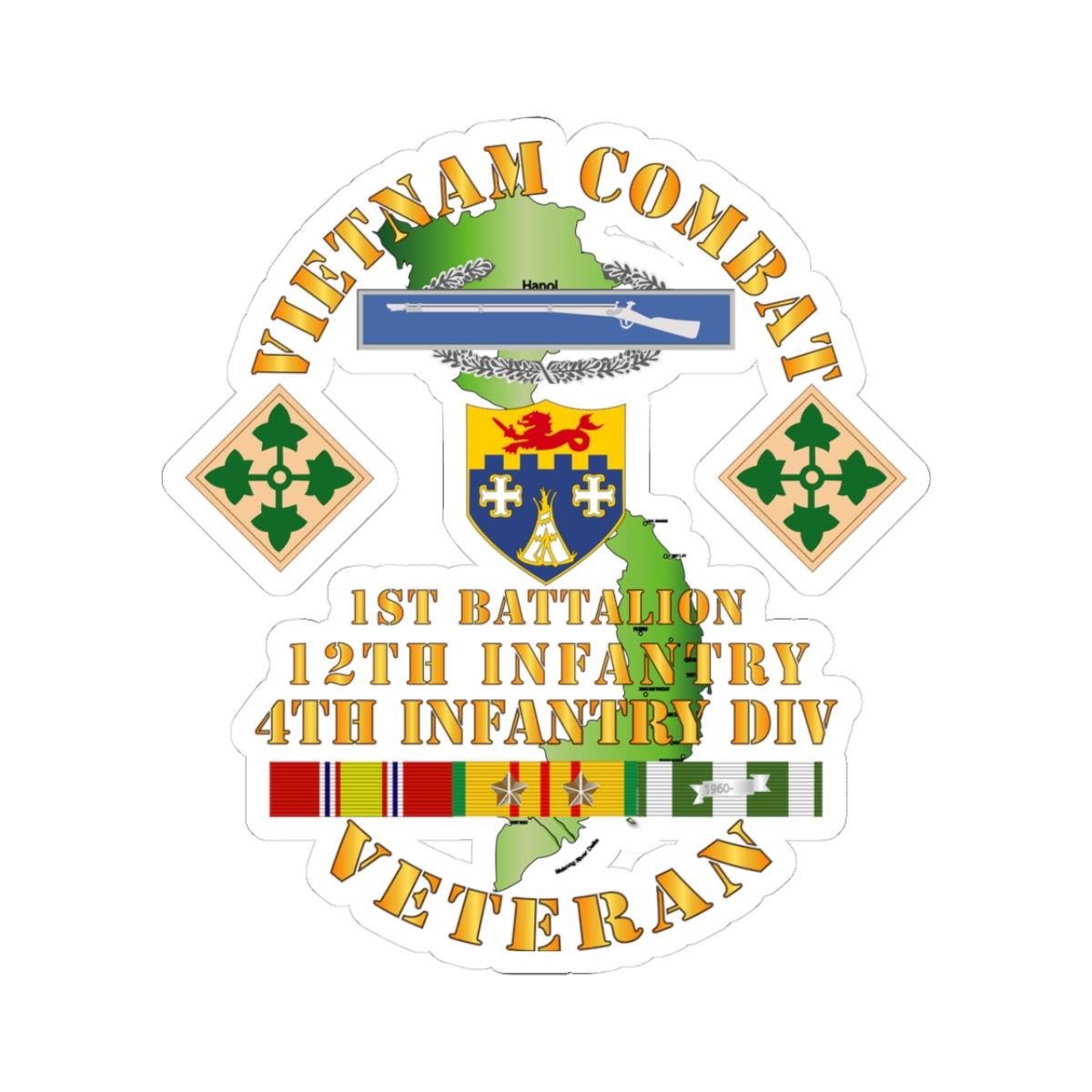 Kiss-Cut Stickers - Vietnam Combat Infantry Vet w 1st Bn 12th Inf - 4th ID w 2 Stars
