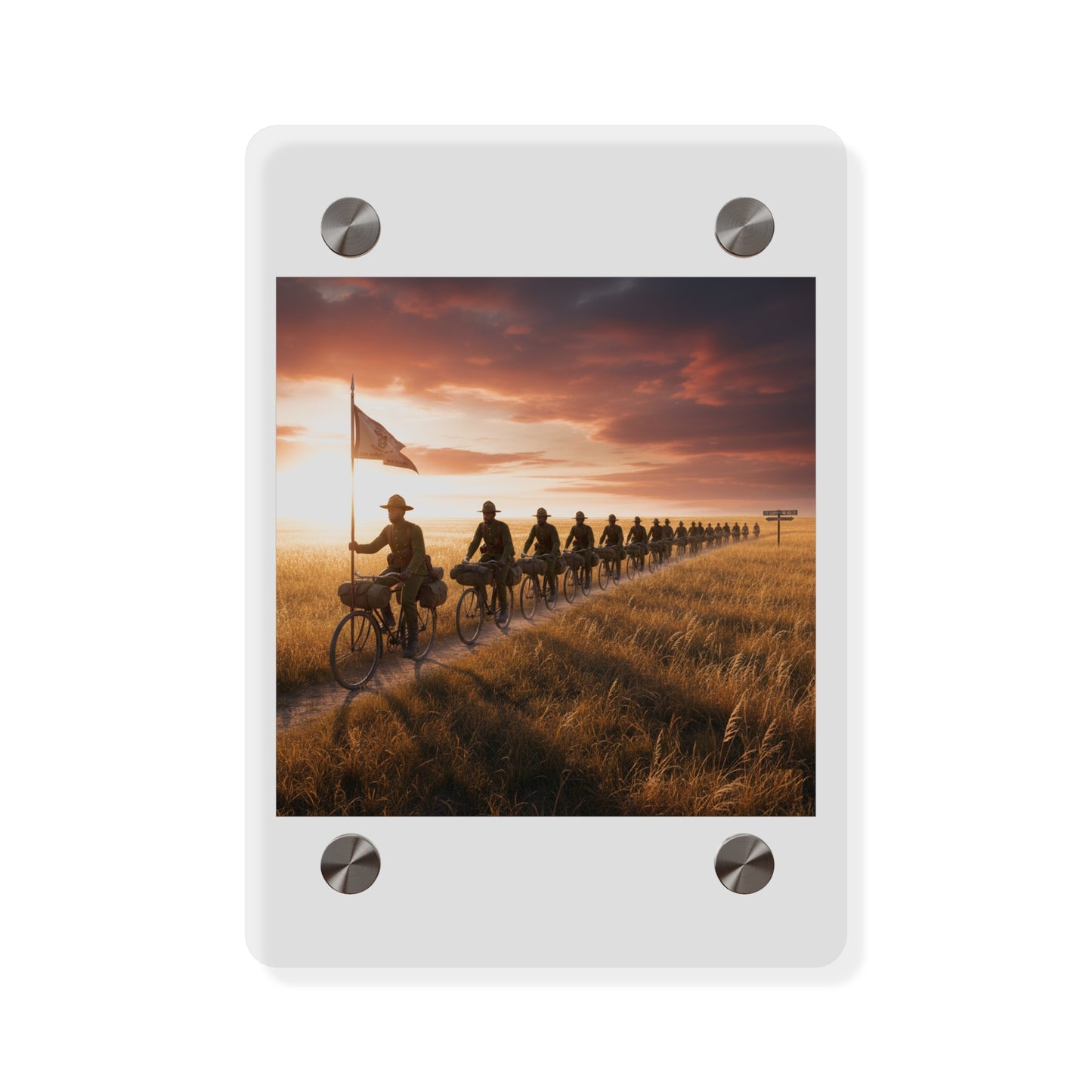 Acrylic Wall Art Panel - E Company 25th Infantry Buffalo Soldiers Bicycle Corps with Guidon on the Prairie at Sunset