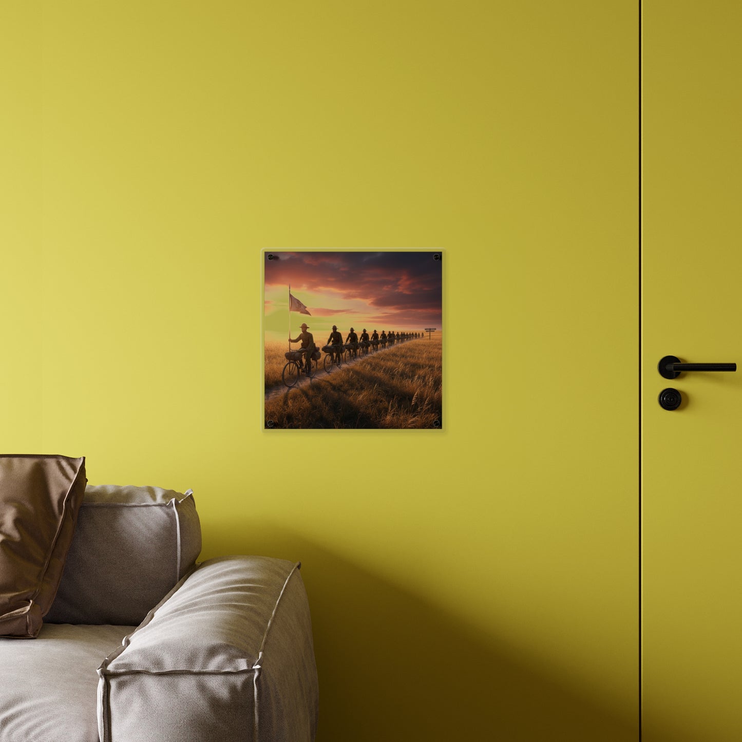 Acrylic Wall Art Panel - E Company 25th Infantry Buffalo Soldiers Bicycle Corps with Guidon on the Prairie at Sunset