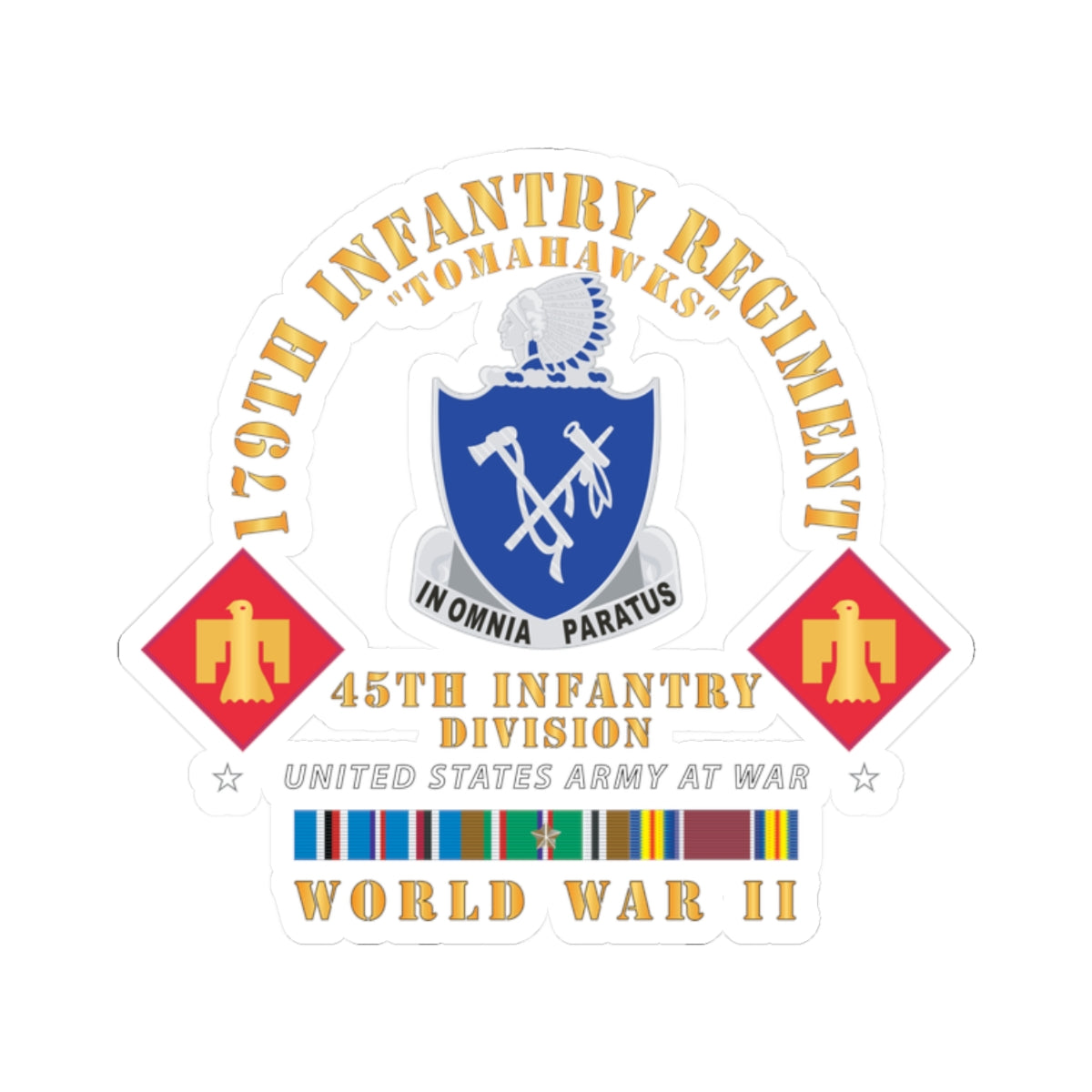 Kiss-Cut Stickers - 179th Infantry Regiment - Tomahawks - DUI - 45th ID - WWII w EUR SVC X 300