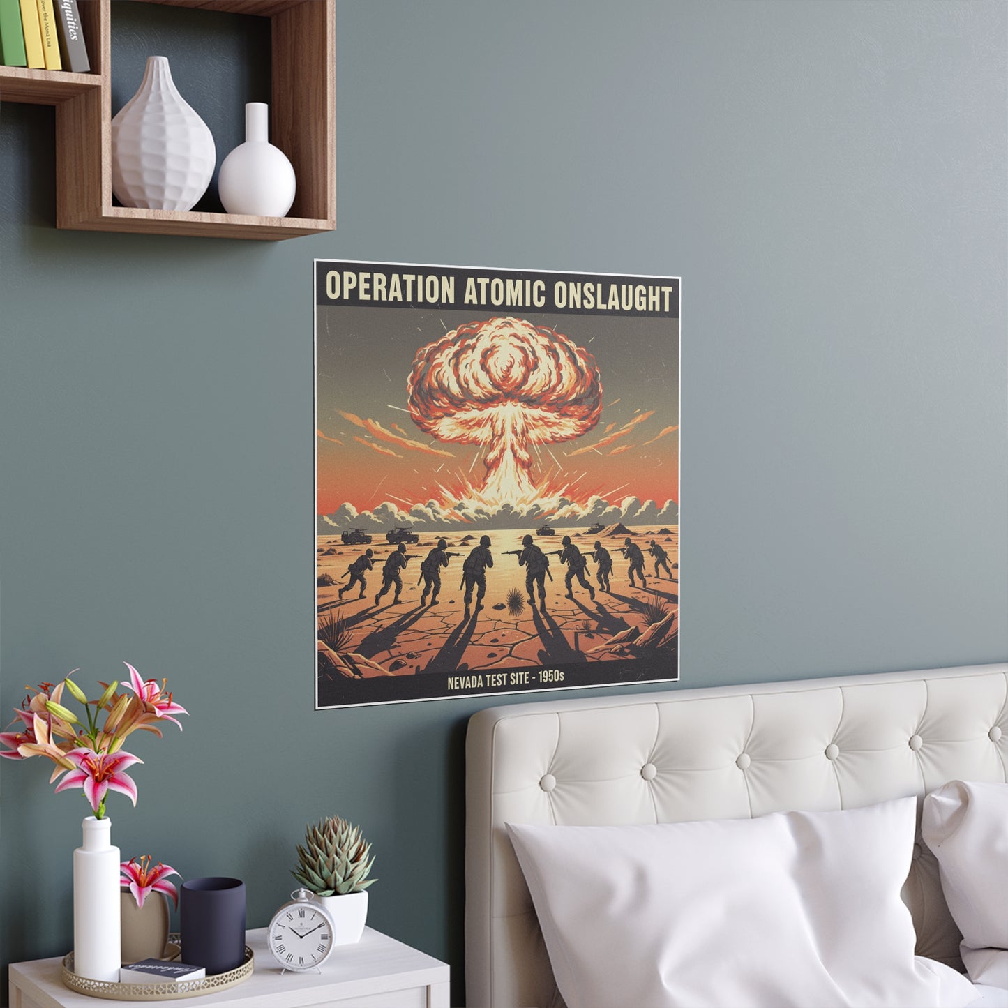 Indoor and Outdoor Silk Posters - Atomic Testing in Nevada Desert Operation Fury - Toward the attack
