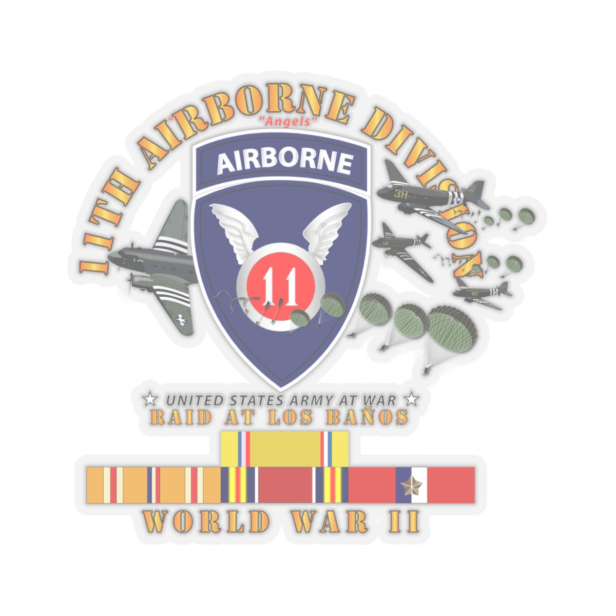Kiss-Cut Stickers - 11th Airborne Division - Raid at Los Baños W Jumpers - WWII w PAC SVC