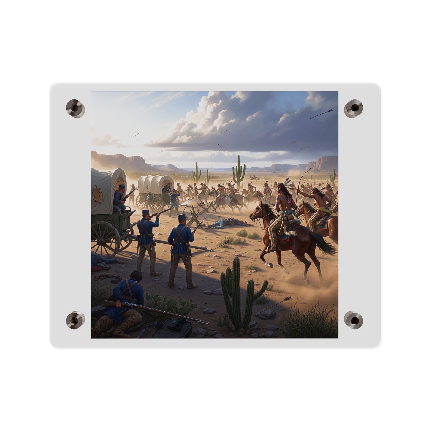 Acrylic Wall Art Panel - Apache Indians attacking a US Army defending a wagon train