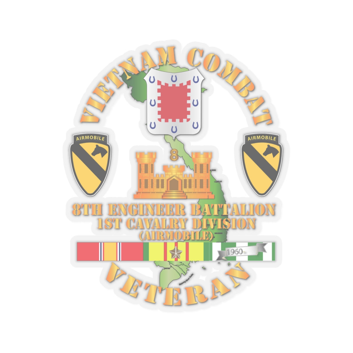Kiss-Cut Stickers - Vietnam Combat Cavalry Veteran w 8th Engineer Bn - 1st Cav Div