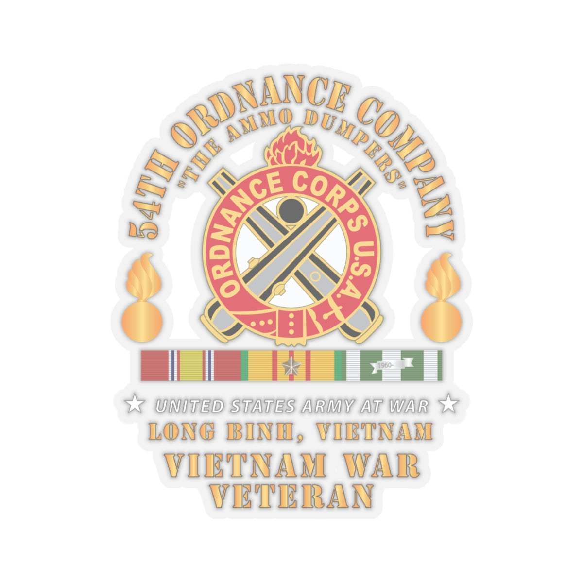 Kiss-Cut Stickers - 54th Ordnance Company - ORD Emblem - Ammo Dumpers - Long Binh, Vietnam Vet w VN SVC X 300