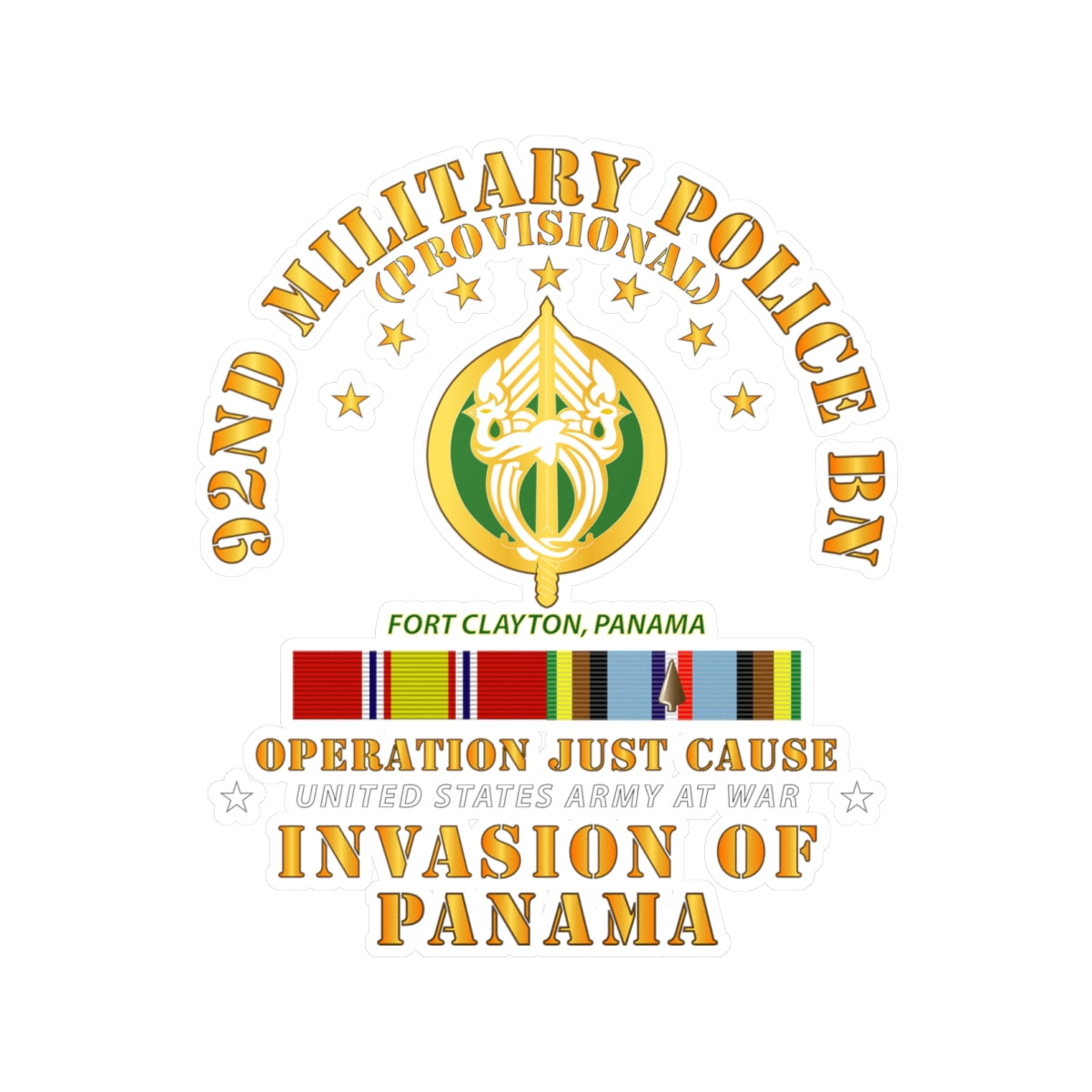 Kiss-Cut Vinyl Decals - Just Cause - 92nd Military Police Bn- Ft Clayton Panama w Svc Ribbons