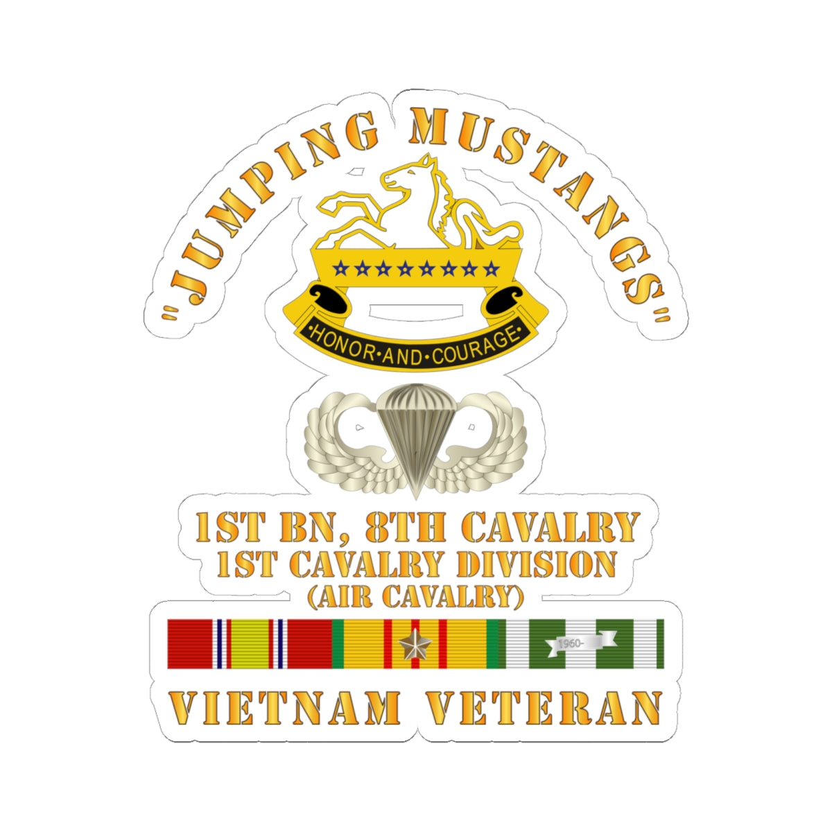 Kiss - Cut Stickers - Army - Jumping Mustangs w DUI - ABN Basic - 1st Bn 8th Cav w VN SVC