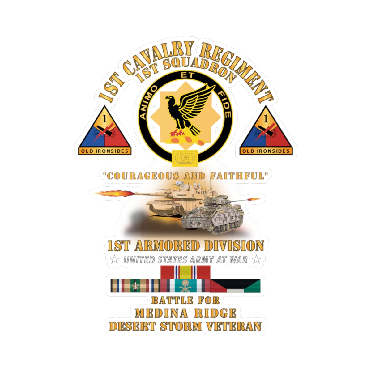 Kiss-Cut Vinyl Decals - Army - 1st Squadron 1st Cavalry Regiment - 1st AD - Battle Medina Ridge w M1 - M2 - D