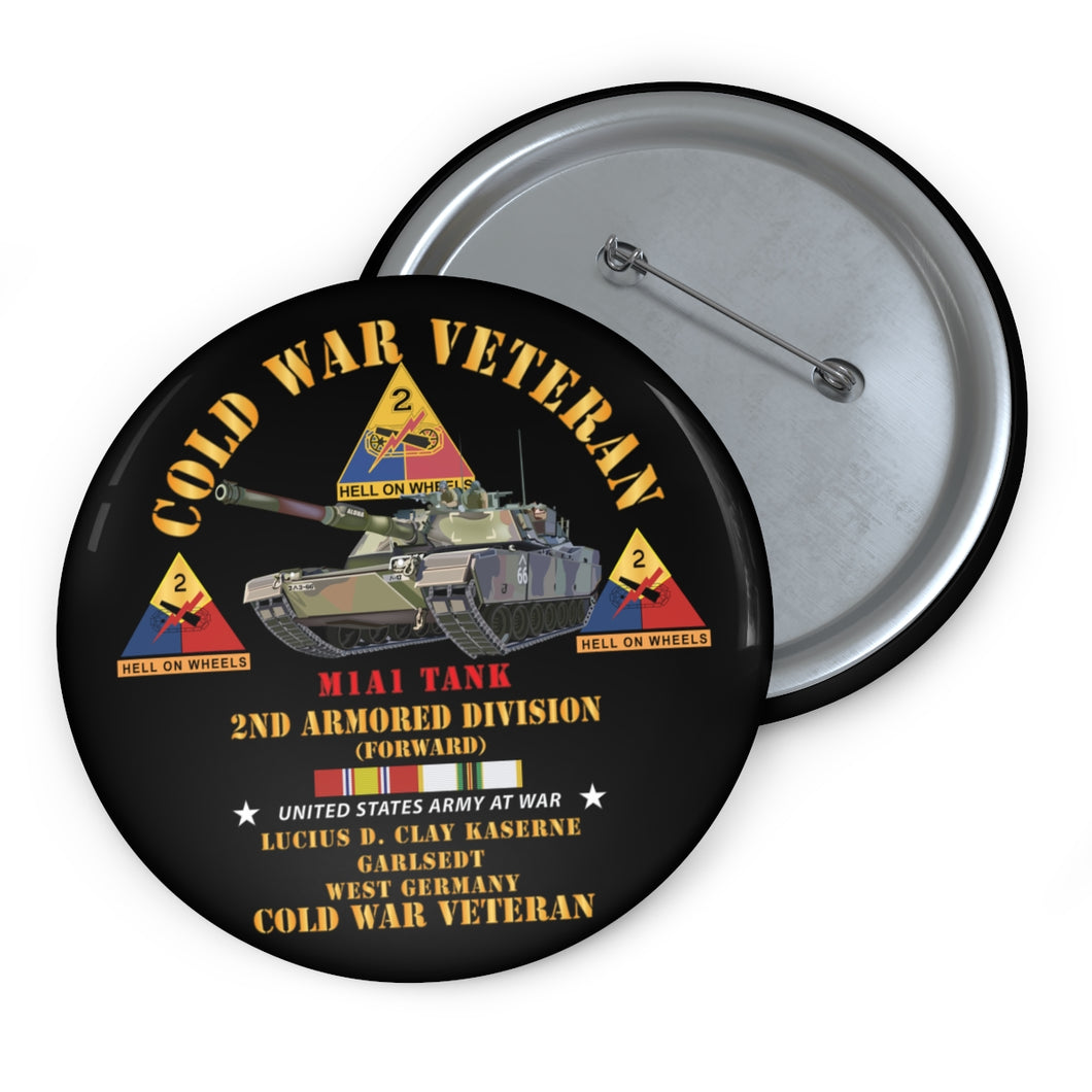 Custom Pin Buttons - Cold War Vet - 2nd Armored Division - Lucius D. Clay Kaserne - Garlstedt, Germany - M1A1Tank - Green Camo w COLD SVC X 300