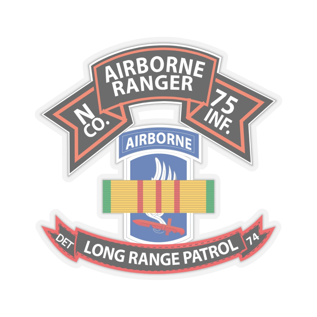 Kiss-Cut Stickers - SSI - Vietnam - N Co 75th Ranger - 173rd Airborne Brigade - VN Ribbon - LRSD X 300