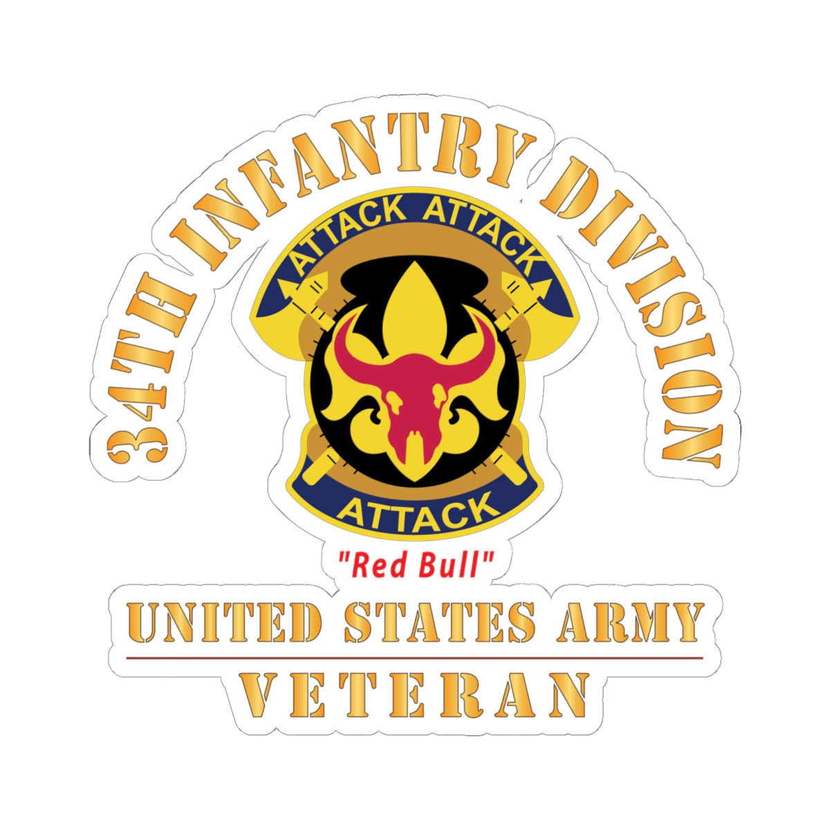 Kiss - Cut Stickers - Army - DUI - 34th Infantry Division - Red Bull - US Army Veteran X 300