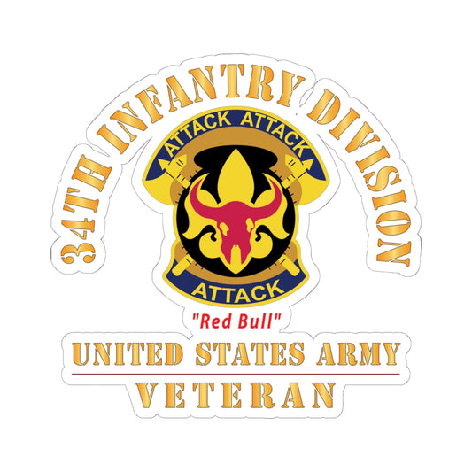 Kiss - Cut Stickers - Army - DUI - 34th Infantry Division - Red Bull - US Army Veteran X 300