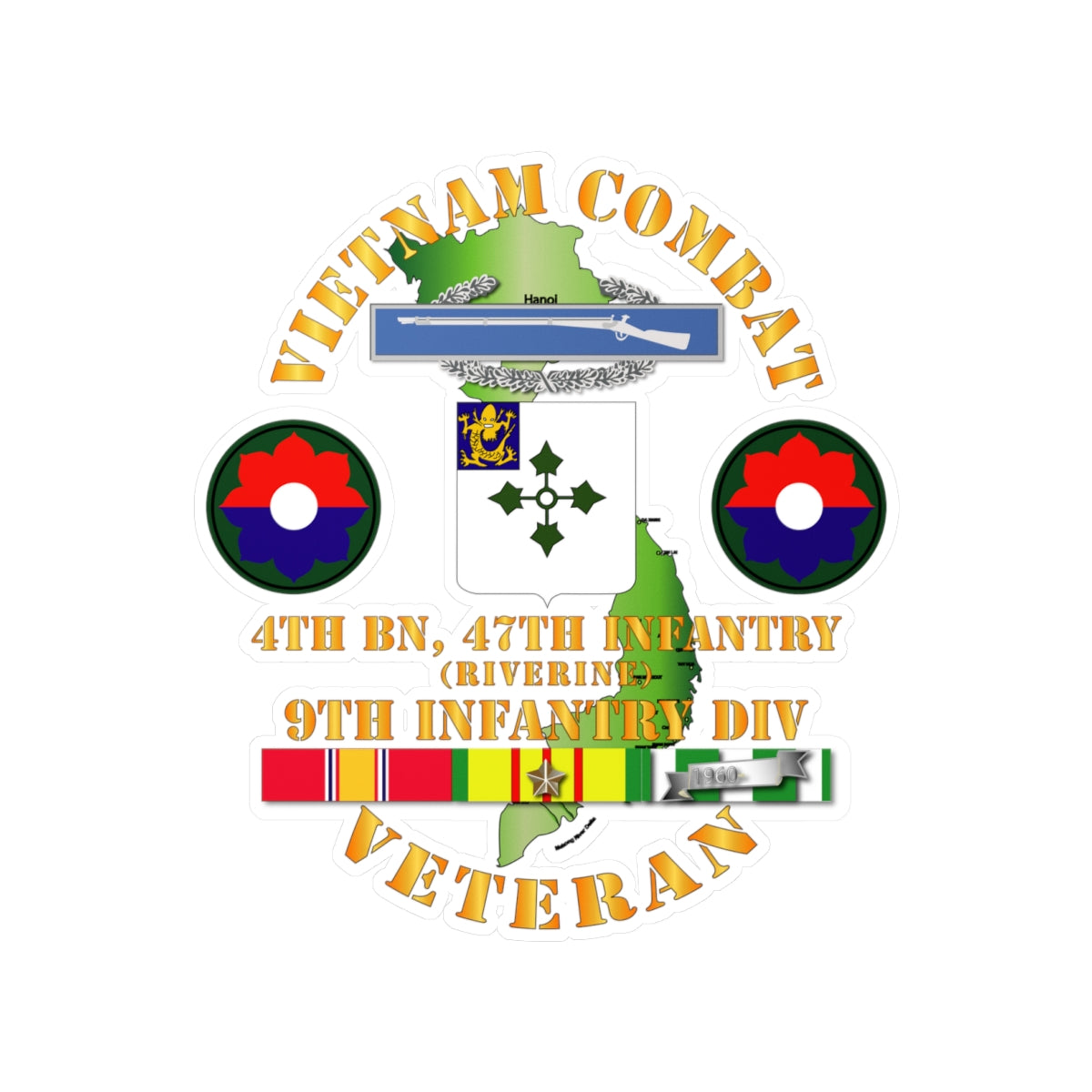 Kiss-Cut Vinyl Decals - Army - Vietnam Combat Infantry Veteran w 4th Bn 47th Inf  (Riverine) - 9th ID SSI