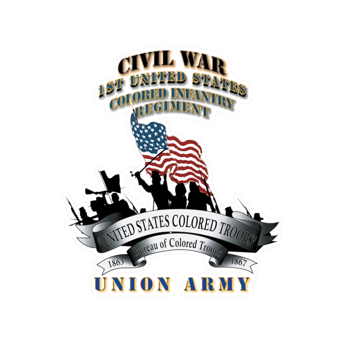 Kiss-Cut Vinyl Decals - Civil War - 1st United States Colored Infantry Regiment with USCT Bureau Banner - USA X 300