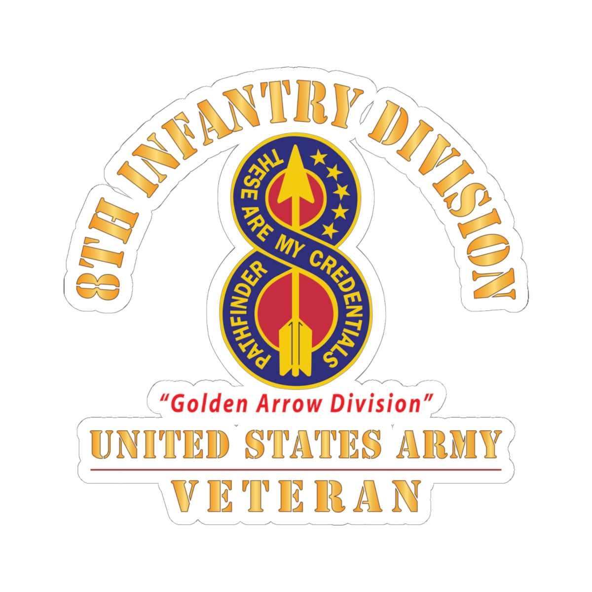 Kiss - Cut Stickers - Army - DUI - 8th Infantry Division - Golden Arrow Division - US Army Veteran X 300