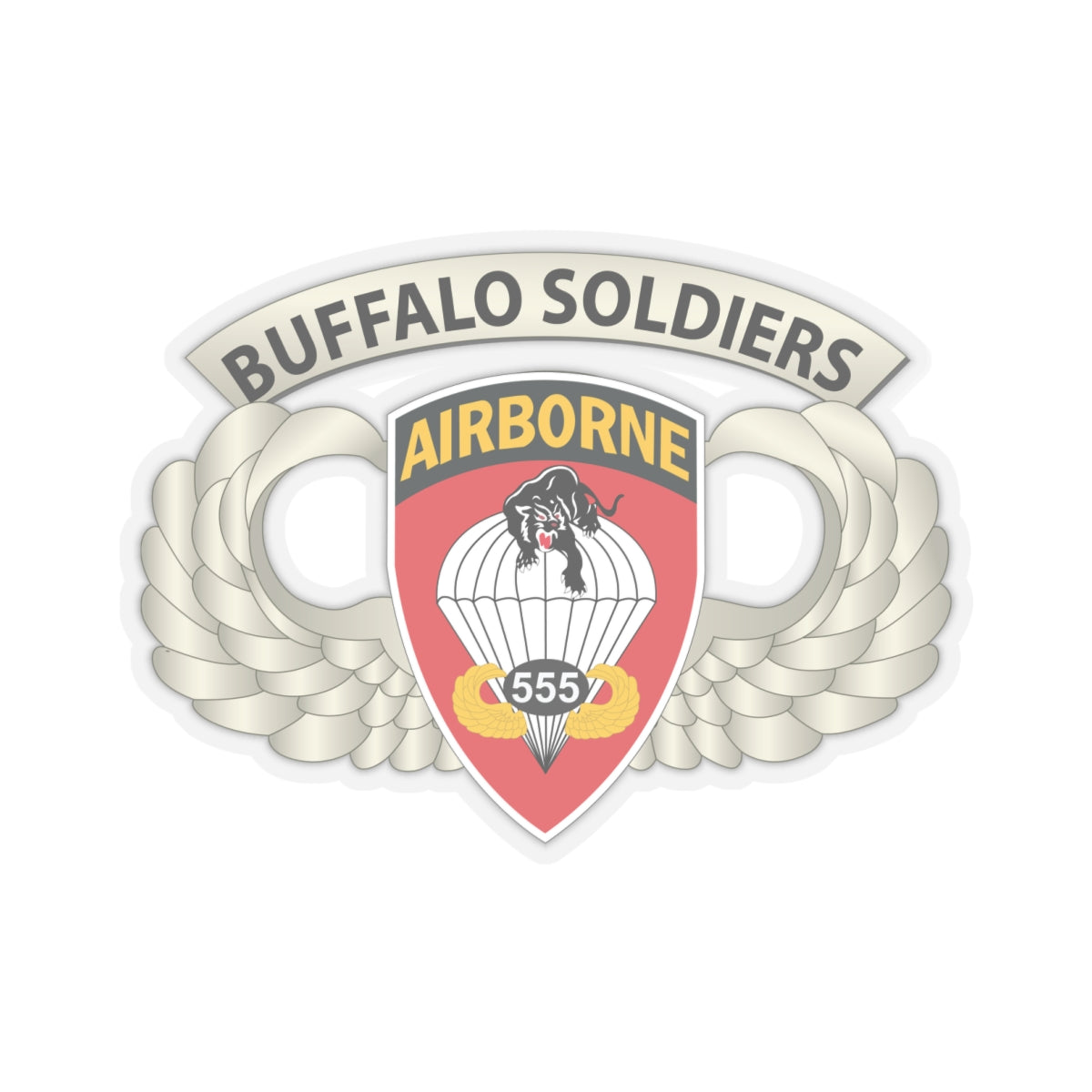 Kiss-Cut Stickers - Army - Airborne Badge - 555th Parachute Infantry Bn - SSI w  Buffalo Soldiers Tab X 300
