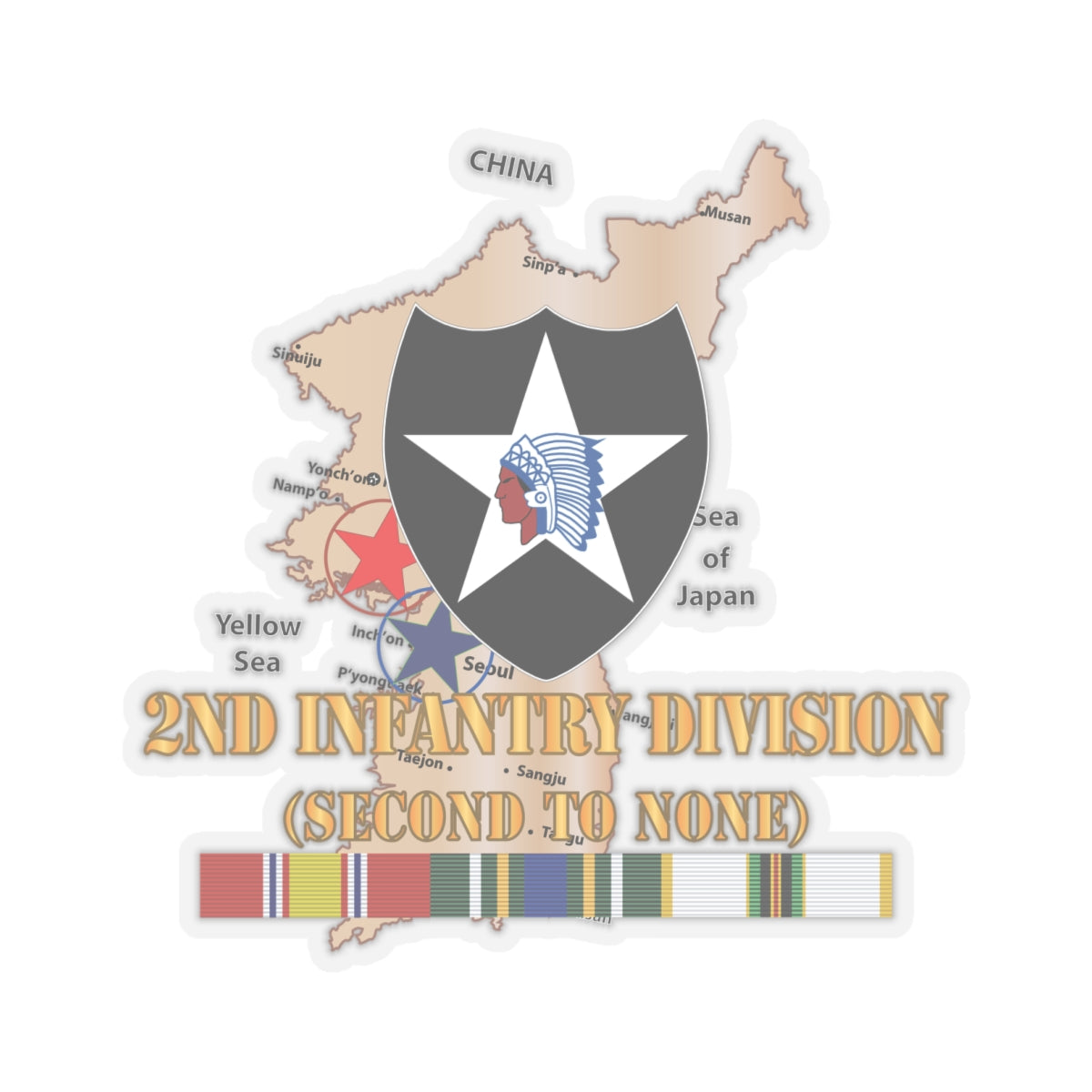 Kiss-Cut Stickers - Army - Korea Map - 2nd Infantry Div - Second to None w SVC X 300
