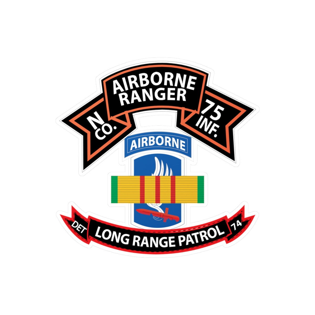 Kiss-Cut Vinyl Decals - SSI - Vietnam - N Co 75th Ranger - 173rd Airborne Brigade - VN Ribbon - LRSD X 300