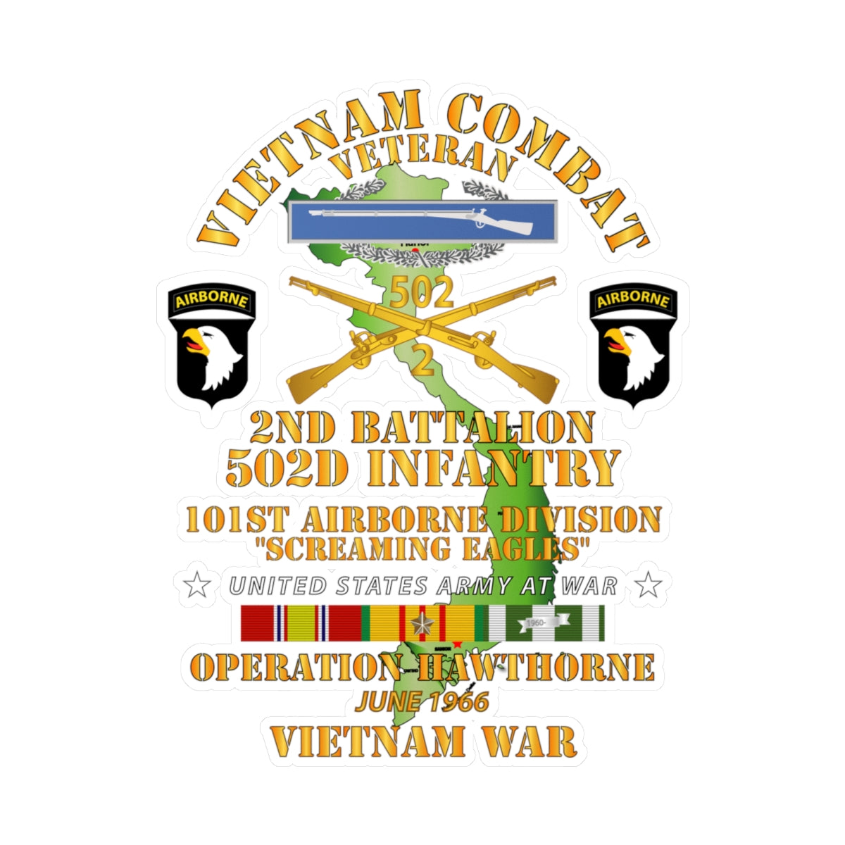 Kiss-Cut Vinyl Decals - Army - 2nd Bn 502nd Infantry - 101st ABN - Operation Hawthorne w VN SVC