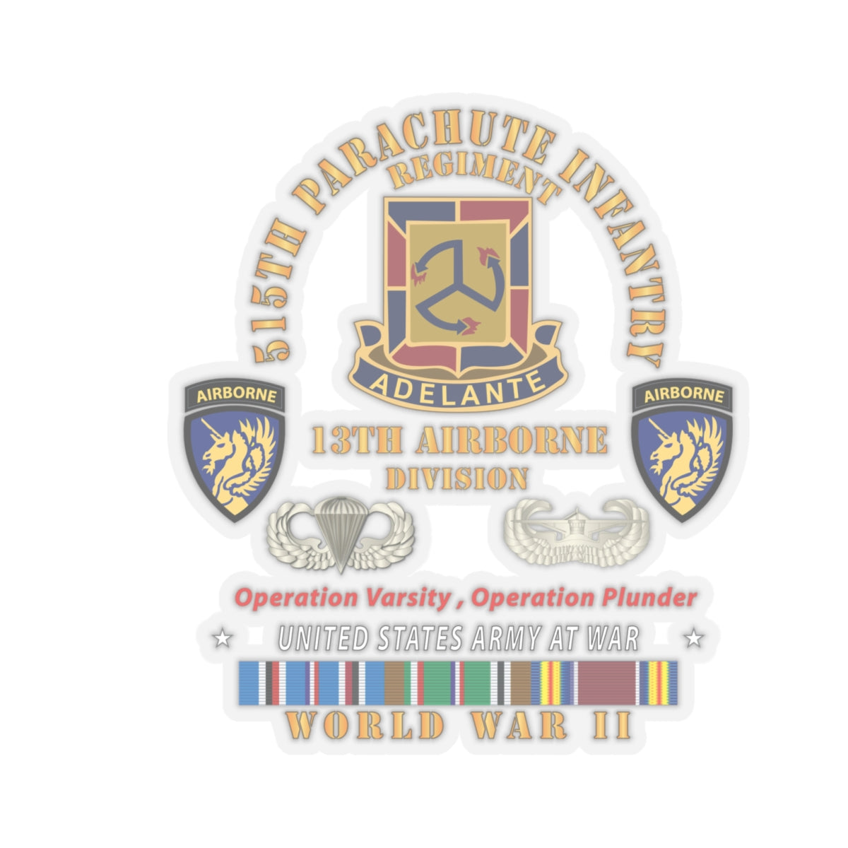 Kiss-Cut Stickers - Army - 515th Parachute Infantry Regiment - DUI - 13th Airborne Div w Parachute - EUR SVC WWII X 300
