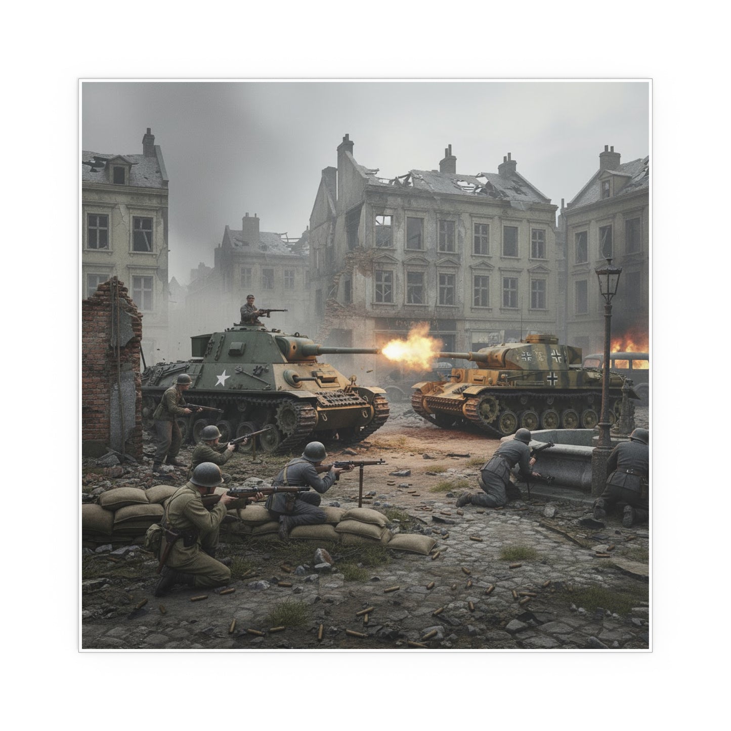 Indoor and Outdoor Silk Posters - US Tank Destroyer - M10 Wolverine Battles a German Panzer Tank