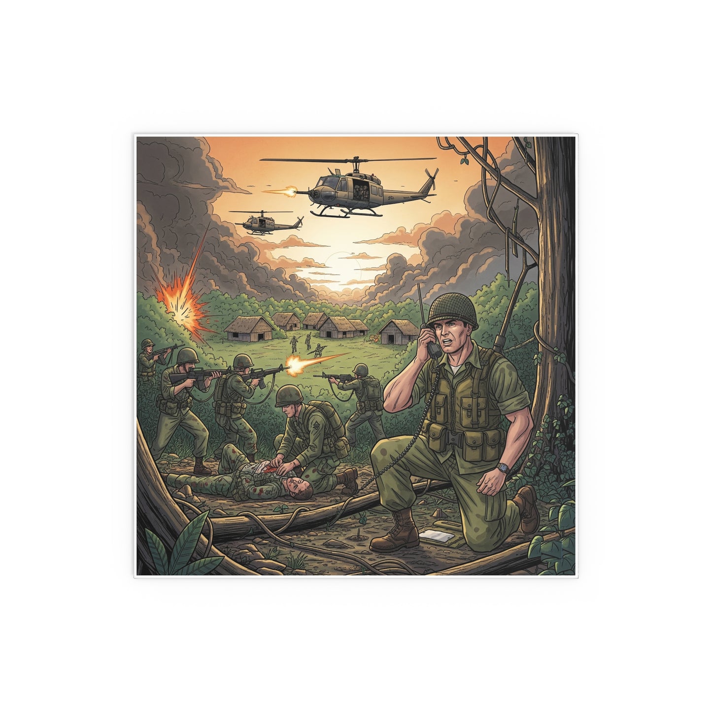 Indoor and Outdoor Silk Posters - Vietnam Patrol Fire Fight Requesting Medevac