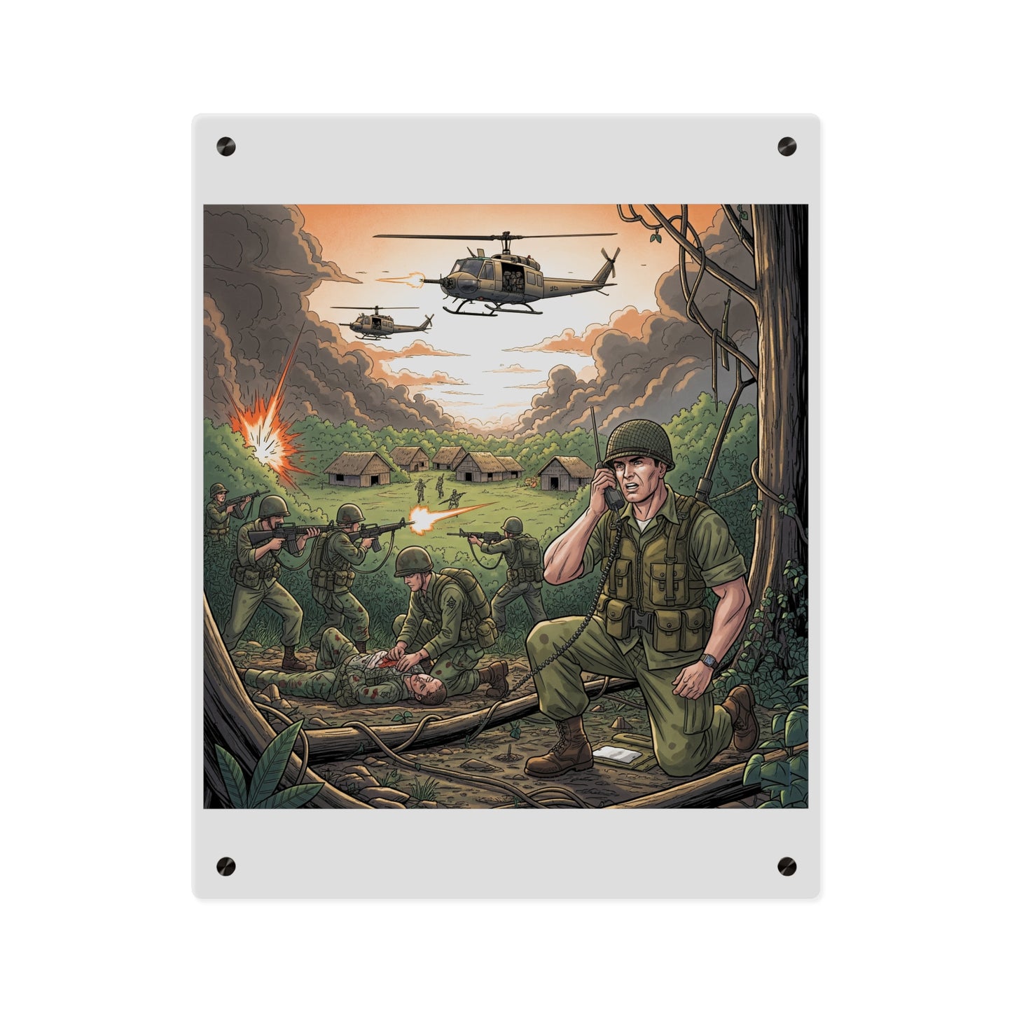 Acrylic Wall Art Panel - Vietnam Patrol Fire Fight Requesting Medevac