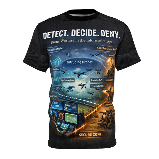 Detect, Decide, Deny — All-Over Print - Drone Warfare Tee