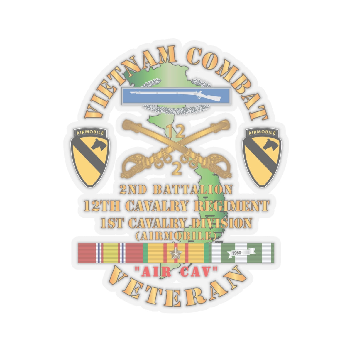 Kiss-Cut Stickers - Vietnam Combat Cavalry Veteran w 2nd Bn 12th Cav Regt w CIB - 1st Cav Div X 300