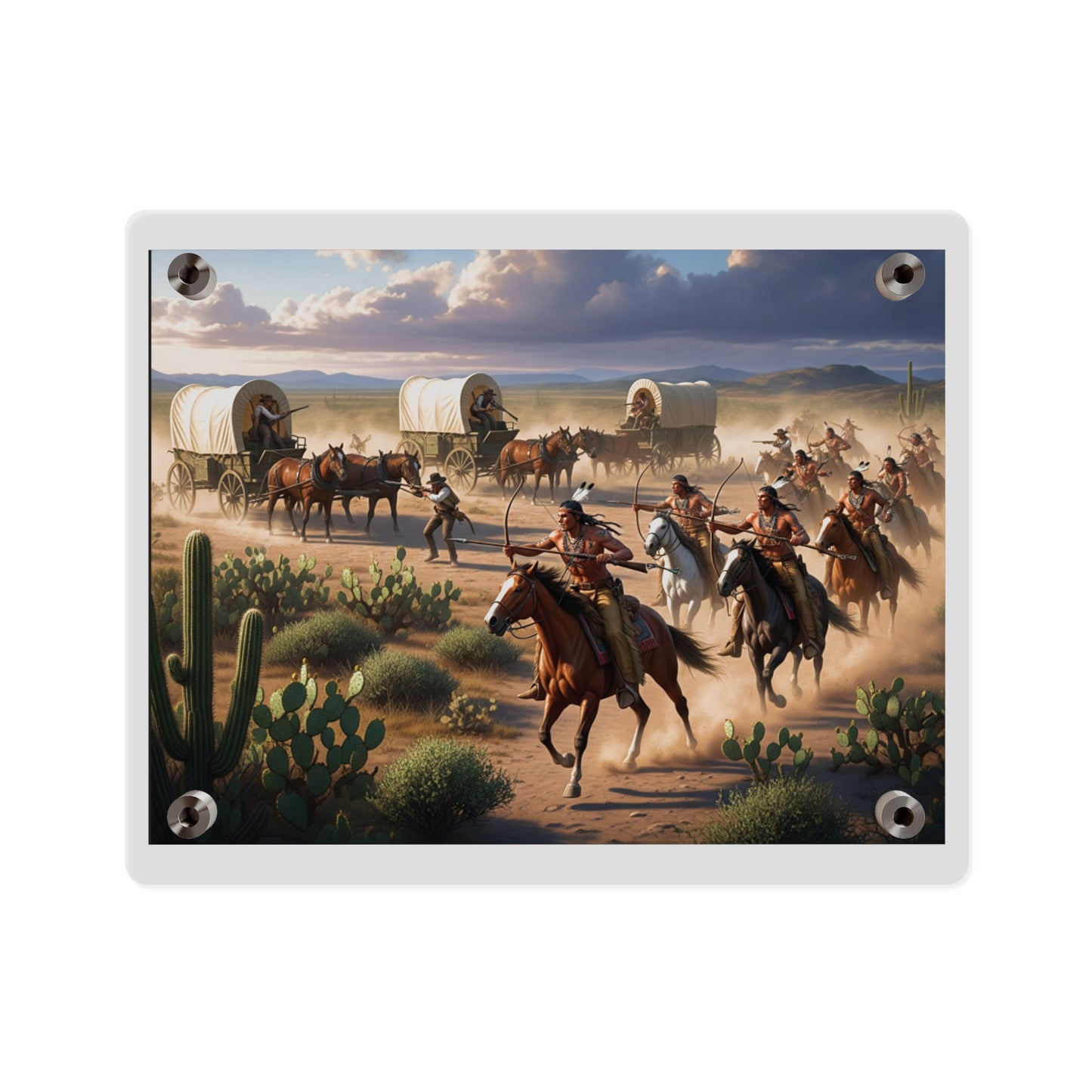 Acrylic Wall Art Panel - Apache Indians attacking a wagon train