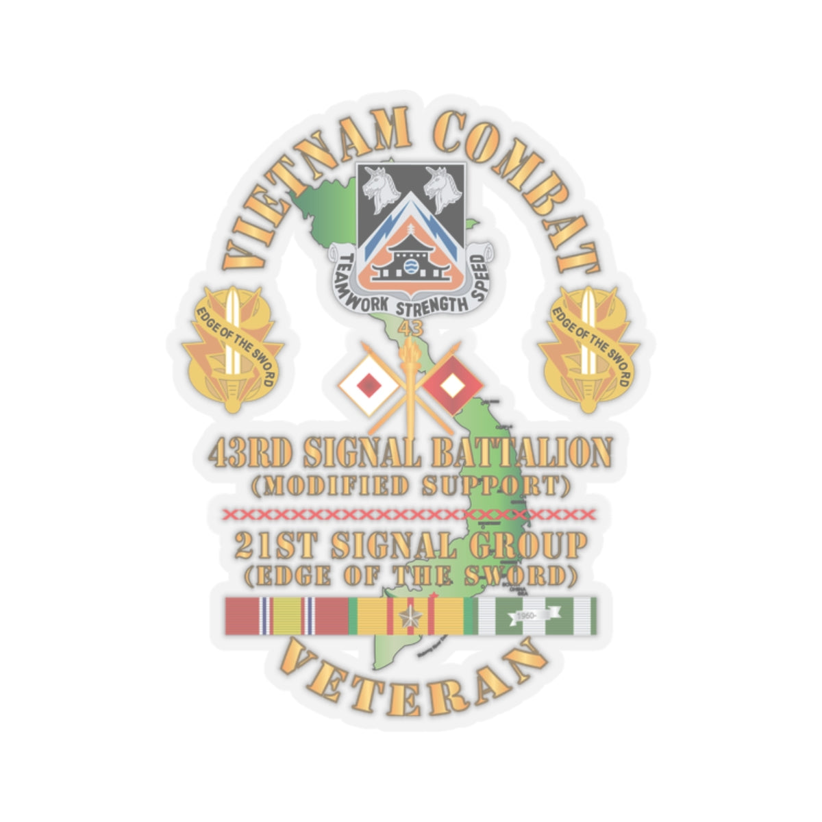 Kiss-Cut Stickers - Vietnam Combat Veteran - 43rd Signal Bn, 21st Signal Group DUI w VN SVC X 300