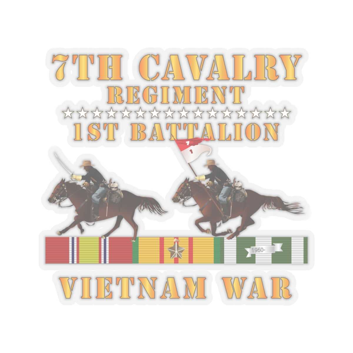 Kiss-Cut Stickers - 1st Battalion, 7th Cavalry Regiment - Vietnam War wt 2 Cav Riders and VN SVC X300