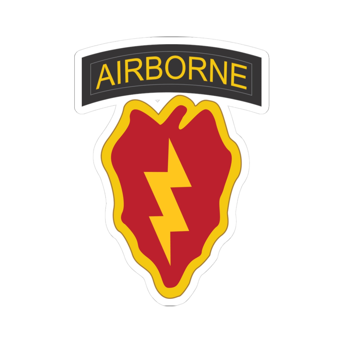 A kiss-Cut Stickers depicting the 25th Infantry Division, known as "Tropic Lightning," is based in Hawaii and is recognized for its rapid-response capabilities in the Pacific region. Its shoulder sleeve insignia (SSI) features a lightning bolt over a taro leaf, symbolizing speed and the unit’s Pacific heritage.