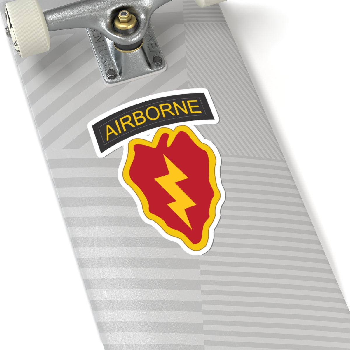 A kiss-Cut Stickers depicting the 25th Infantry Division, known as "Tropic Lightning," is based in Hawaii and is recognized for its rapid-response capabilities in the Pacific region. Its shoulder sleeve insignia (SSI) features a lightning bolt over a taro leaf, symbolizing speed and the unit’s Pacific heritage.