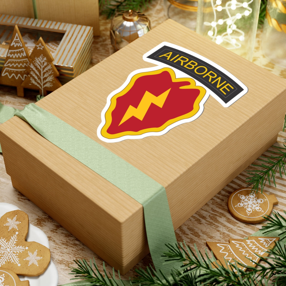 A kiss-Cut Stickers depicting the 25th Infantry Division, known as "Tropic Lightning," is based in Hawaii and is recognized for its rapid-response capabilities in the Pacific region. Its shoulder sleeve insignia (SSI) features a lightning bolt over a taro leaf, symbolizing speed and the unit’s Pacific heritage.