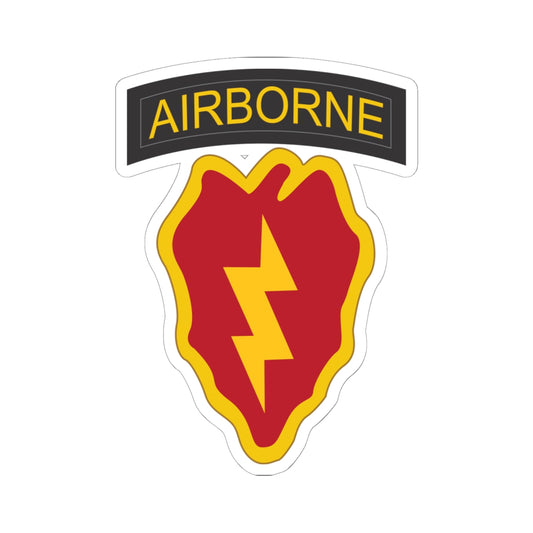 A kiss-Cut Stickers depicting the 25th Infantry Division, known as "Tropic Lightning," is based in Hawaii and is recognized for its rapid-response capabilities in the Pacific region. Its shoulder sleeve insignia (SSI) features a lightning bolt over a taro leaf, symbolizing speed and the unit’s Pacific heritage.